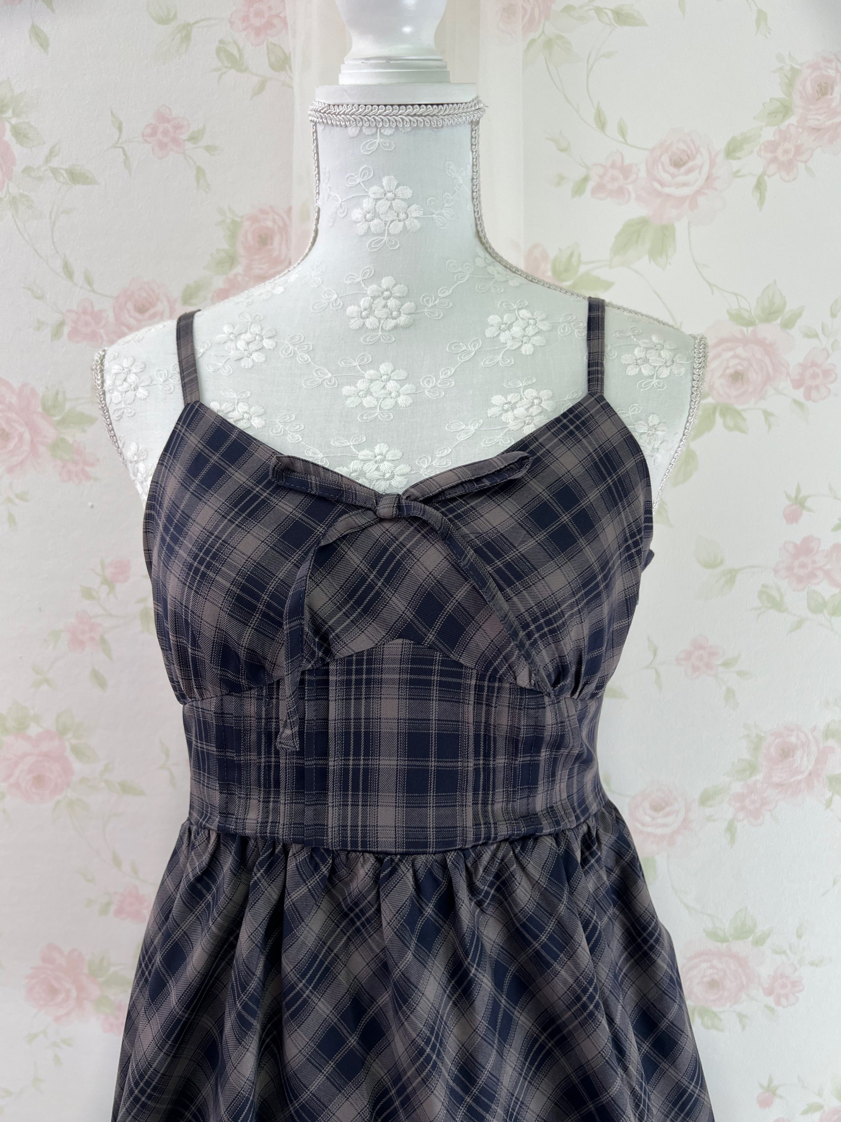 Corset Camisole Checked Dress (Navy)