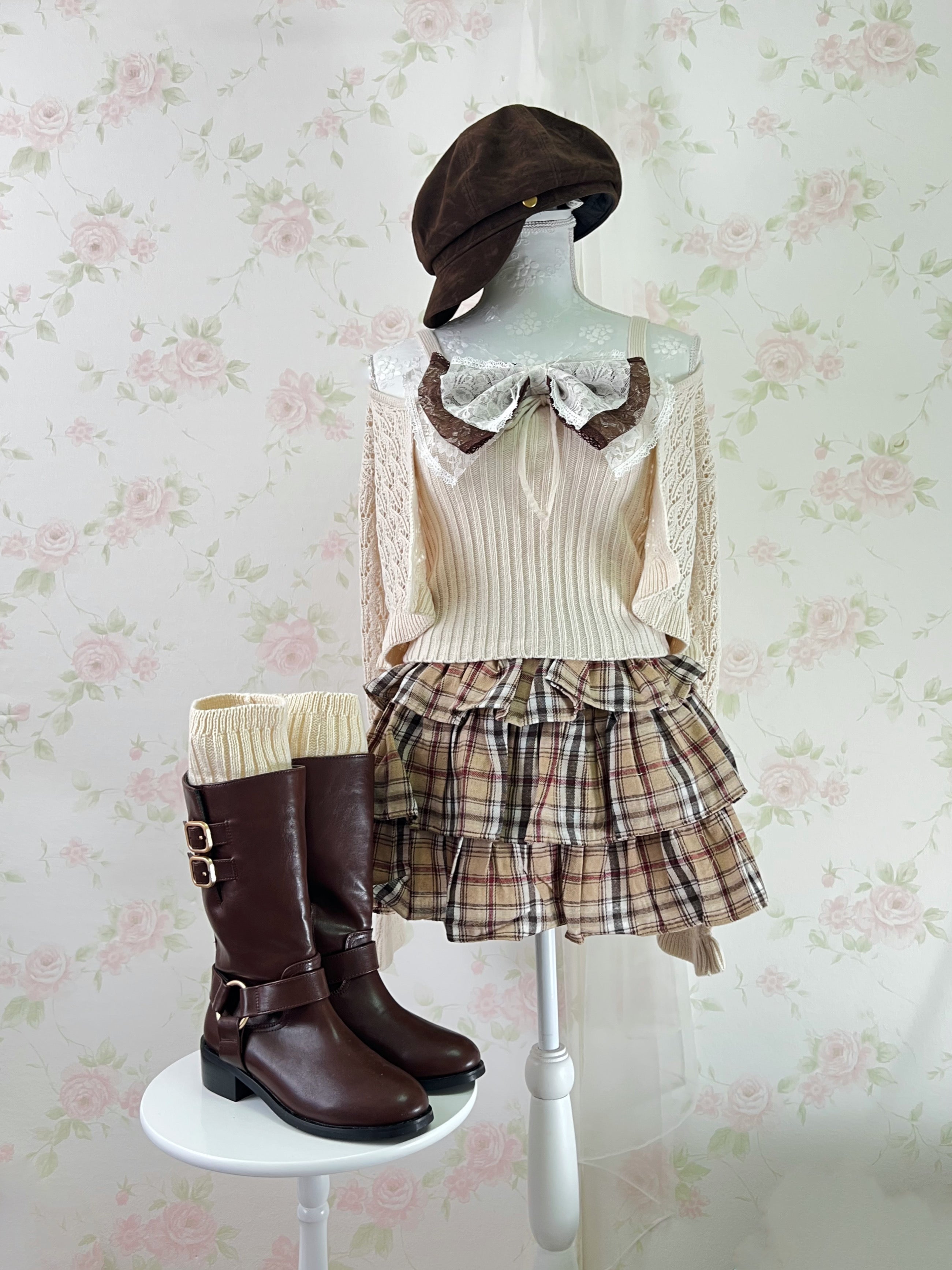 Shoujo Tiered Checked  Skirt (Milk Tea Beige)