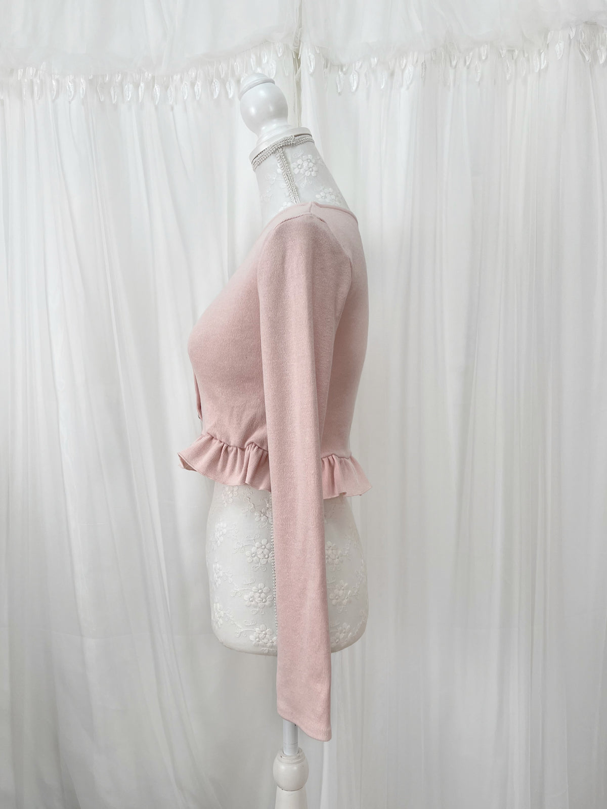 Ruffled Hem Pearl Button Cardigan (Pink)