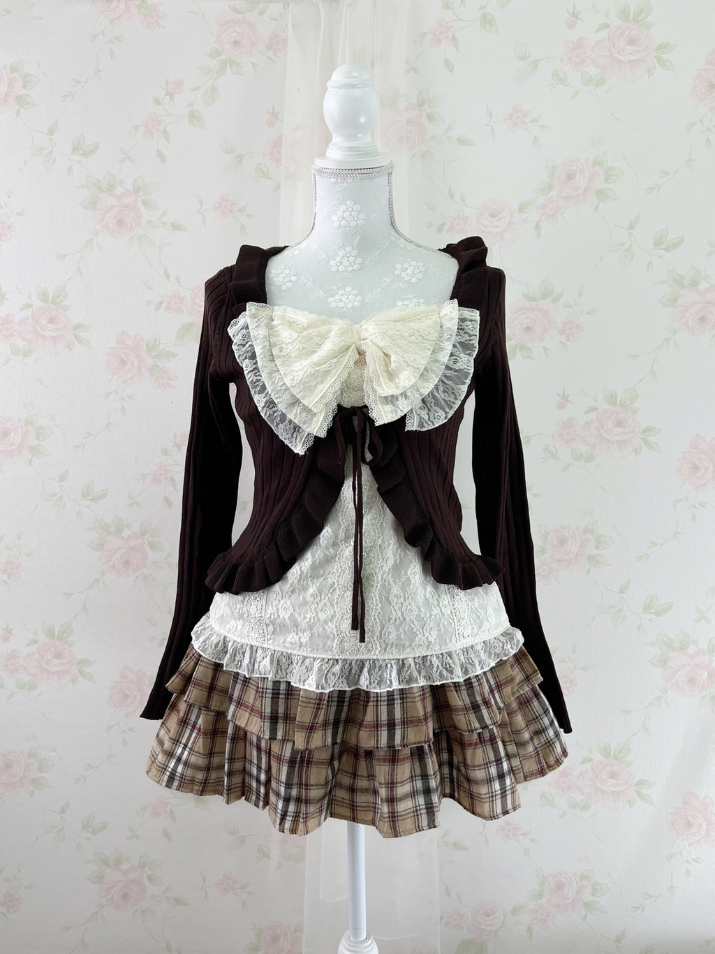 Shoujo Tiered Checked  Skirt (Milk Tea Beige)