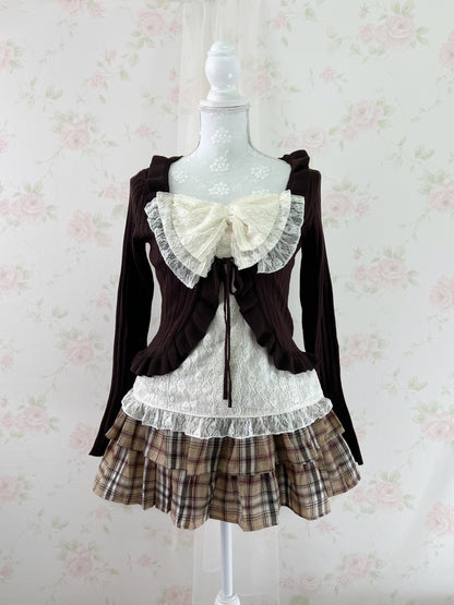 Clear Wide Sleeved Ruffled Cardigan (Chocolate)