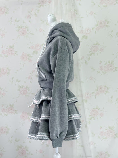 Lacy Ribbon Hoodie Skirt Set Up (Gray)