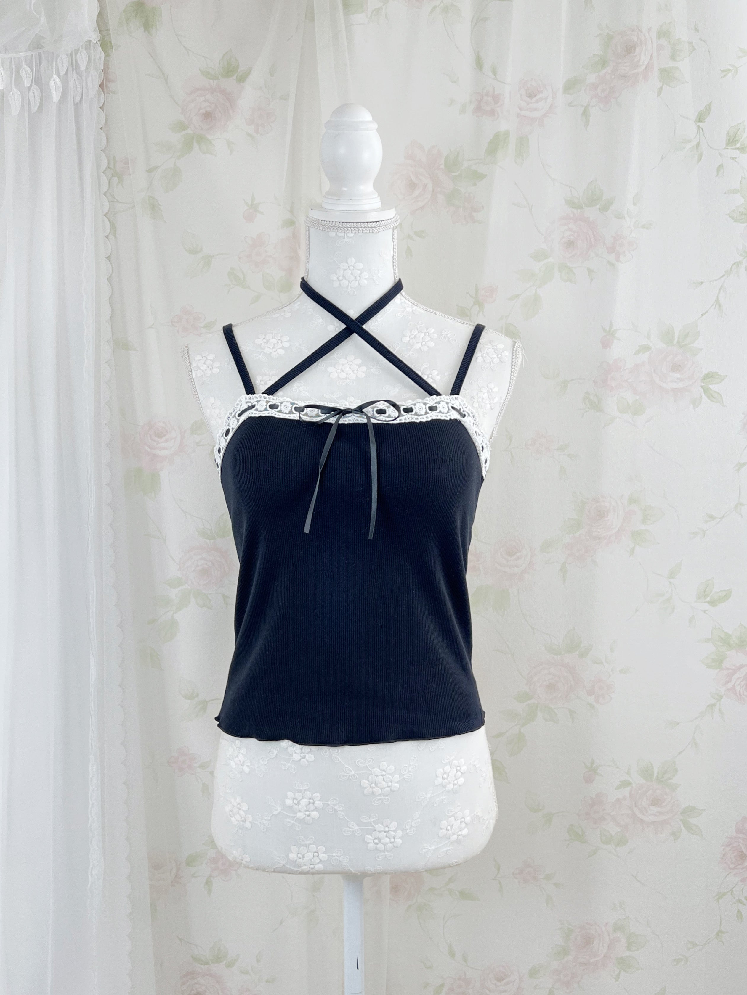 Cotton Lace Cross Neck Camisole (Black)