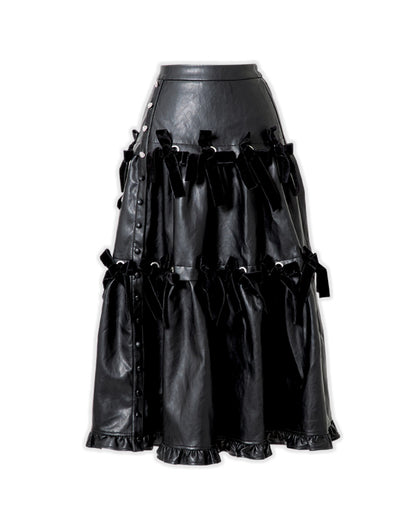 AVENCHUMU Leather look hole ribbon skirt