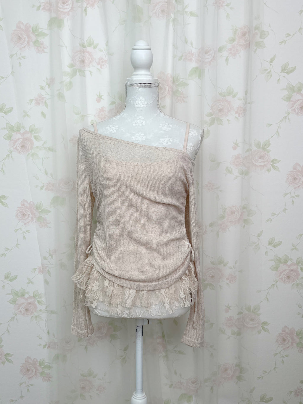 One Shoulder Knit Lace Camisole Set (Pink Beige)