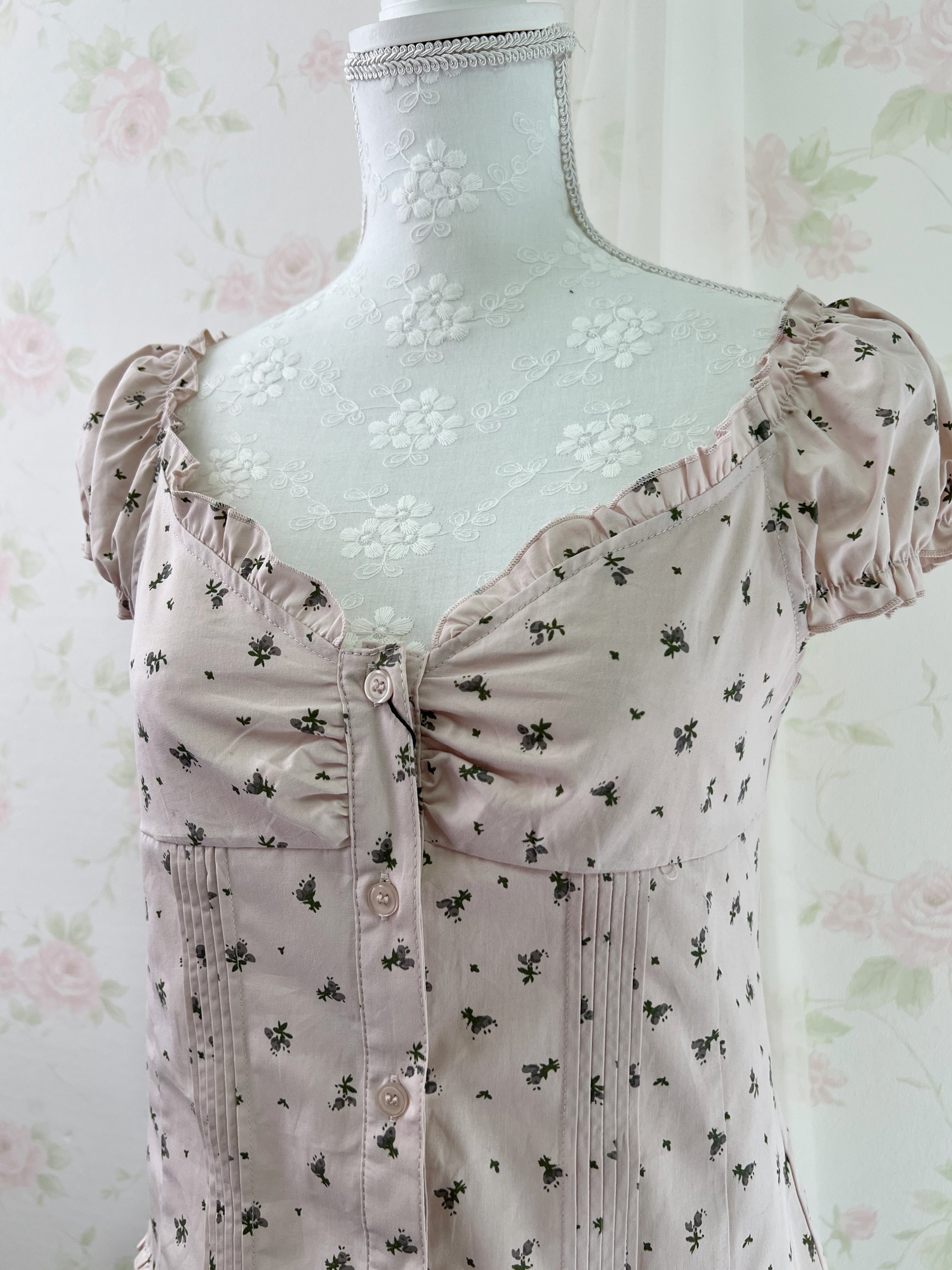 Petite Floral Puff Sleeved Cotton Blouse (Pink)