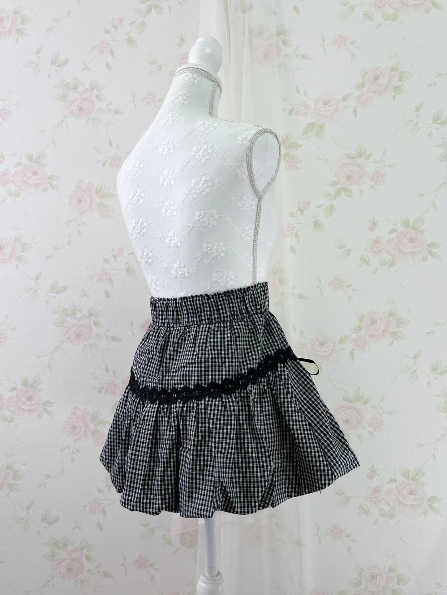 Clear Gingham Checked Cotton Balloon Skirt