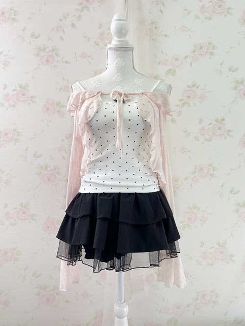 (15%OFF)Tulle Hem Tiered Skirt (Black)