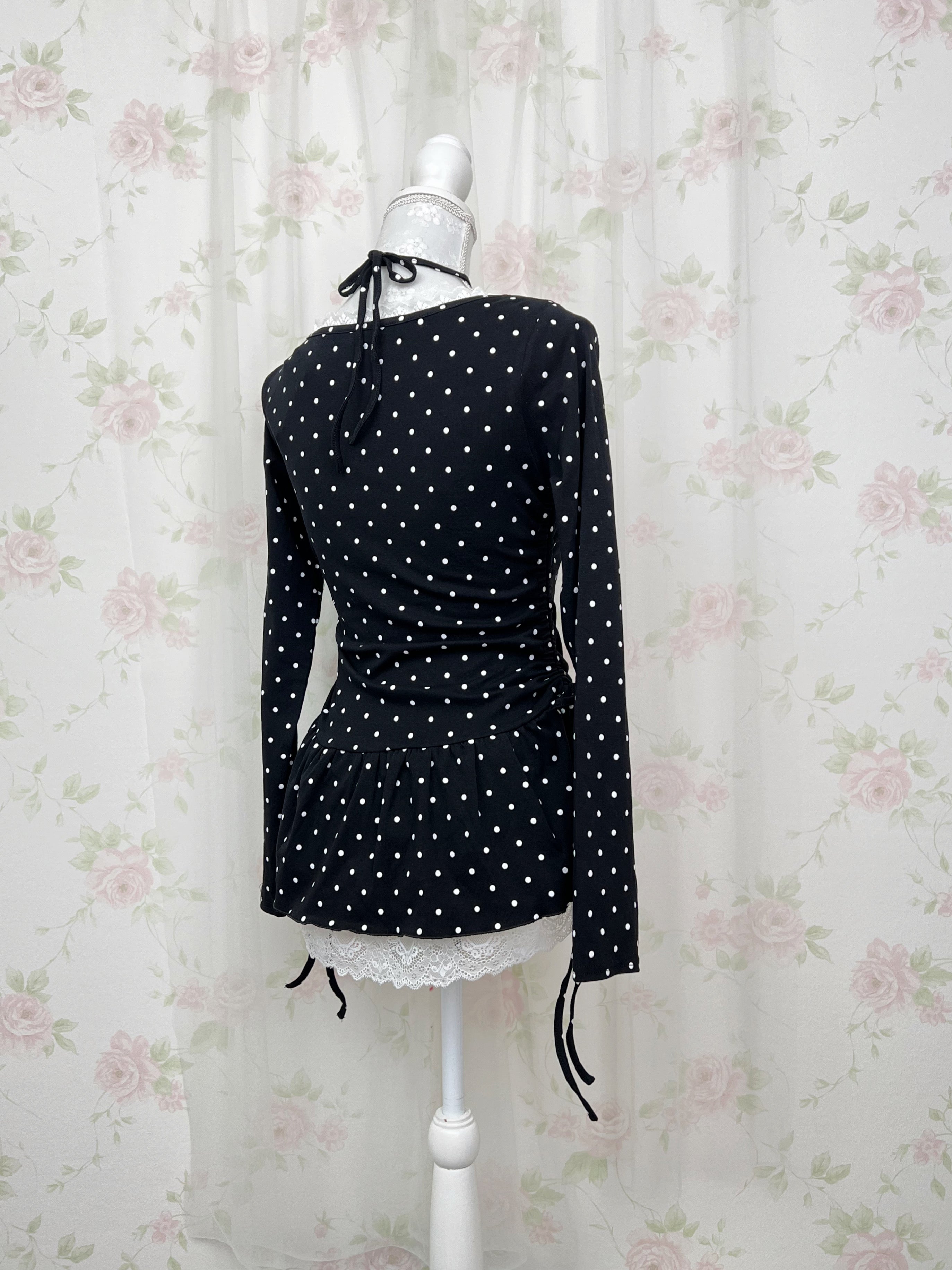 Halter Neck Polka Dot Tunic Top (Black)