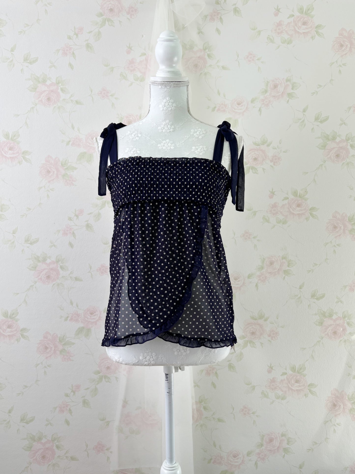 iiMK Polka Dot Shoulder Bow Babydoll Top (Purple Navy)