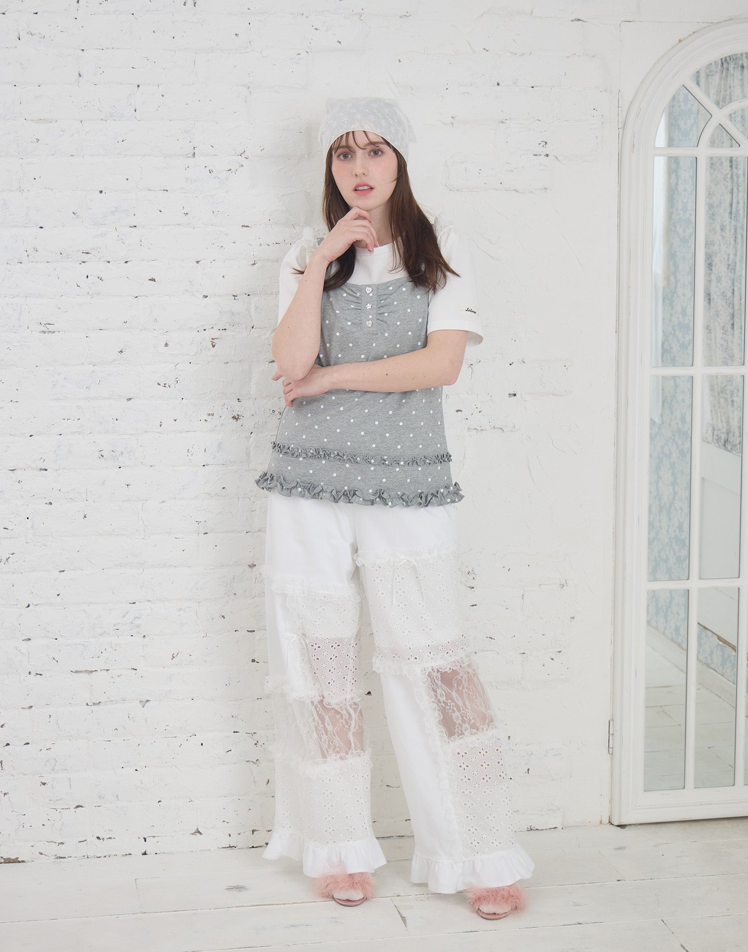 Lolime patchwork lace frill pants
