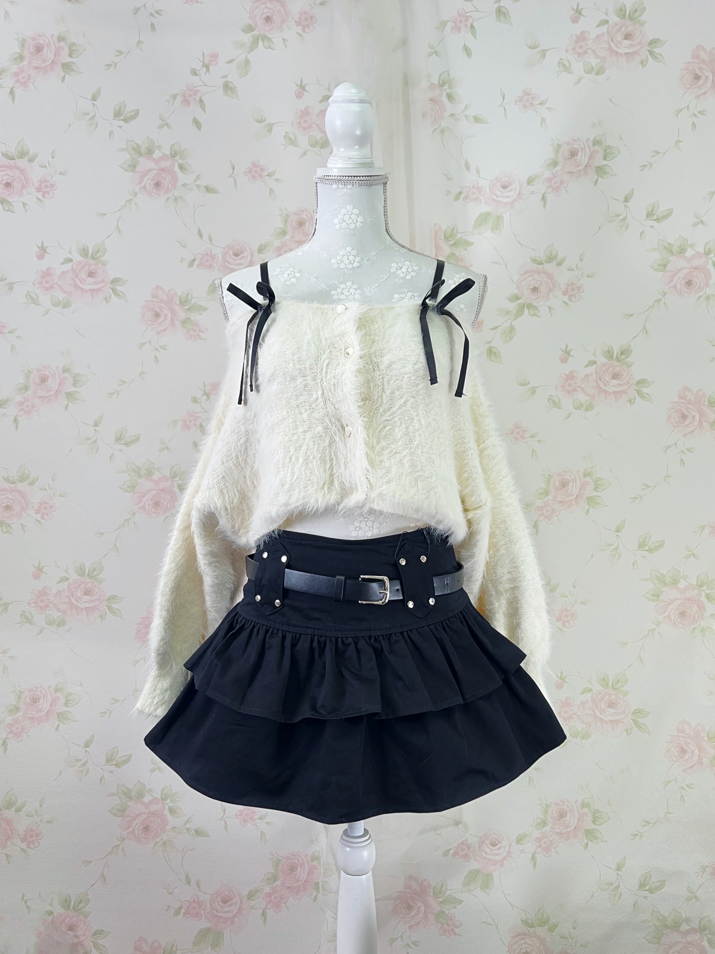 GRL Cotton Tiered Skirt With Belt (Black)