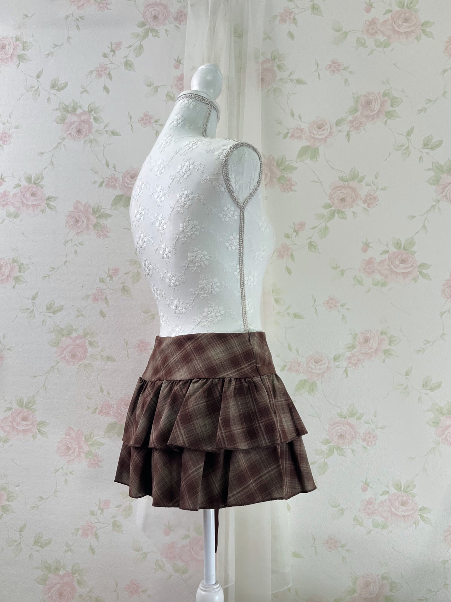 Side Bow Checked Shoujo Mini Skirt (Brown)