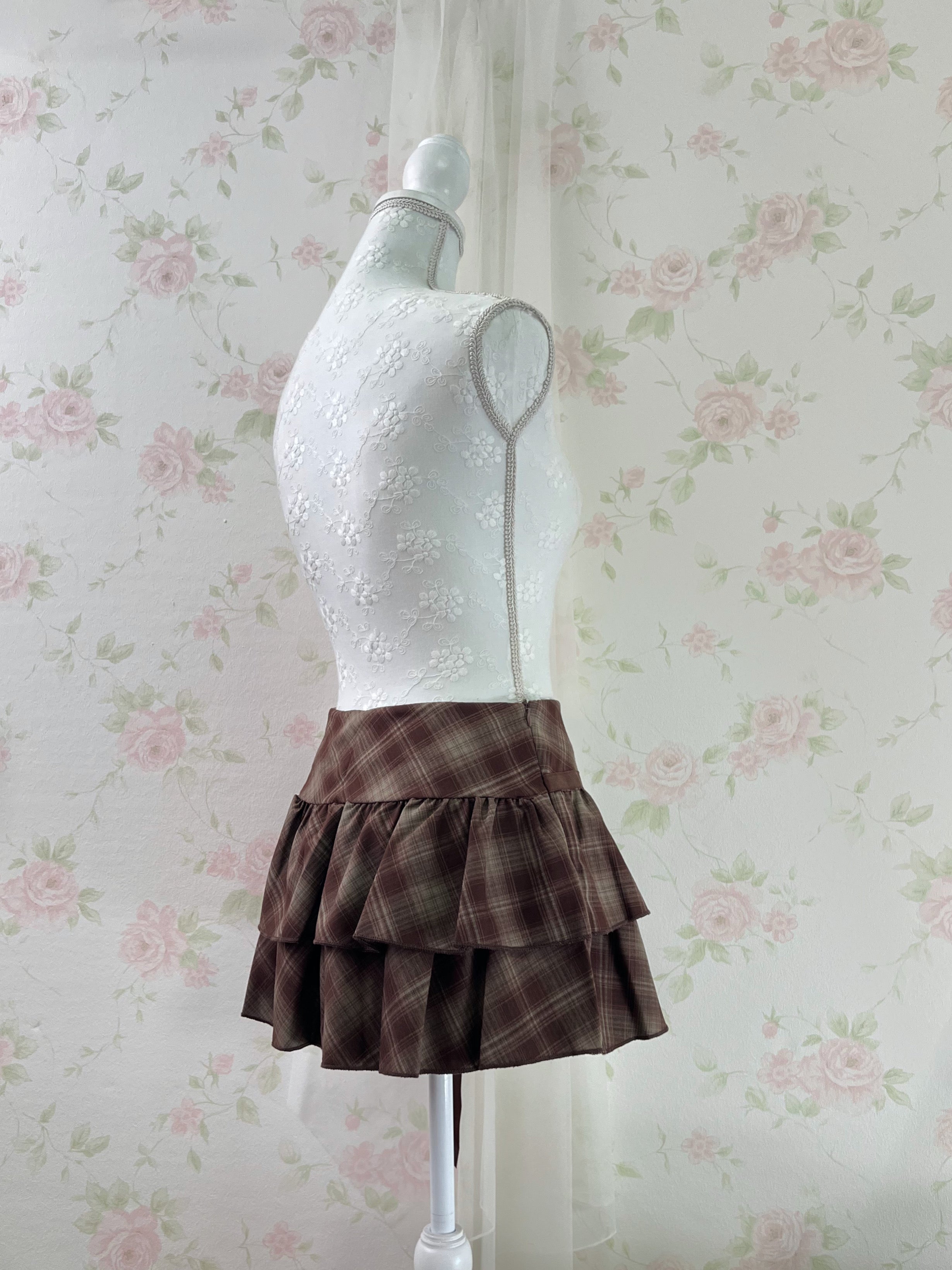 Side Bow Checked Shoujo Mini Skirt (Brown) S,M,L