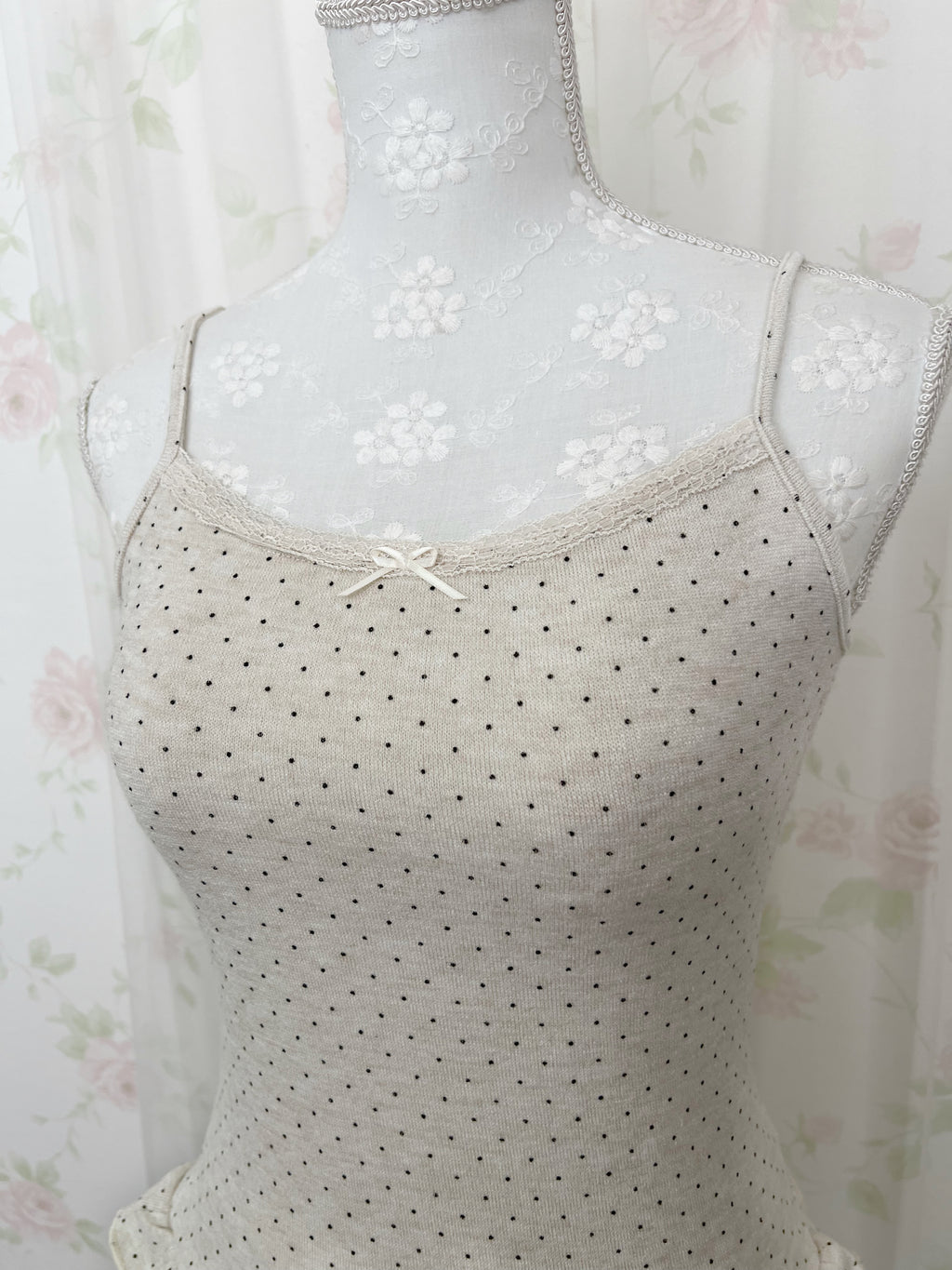 Polka Dot Cardigan Camisole Set (Beige)