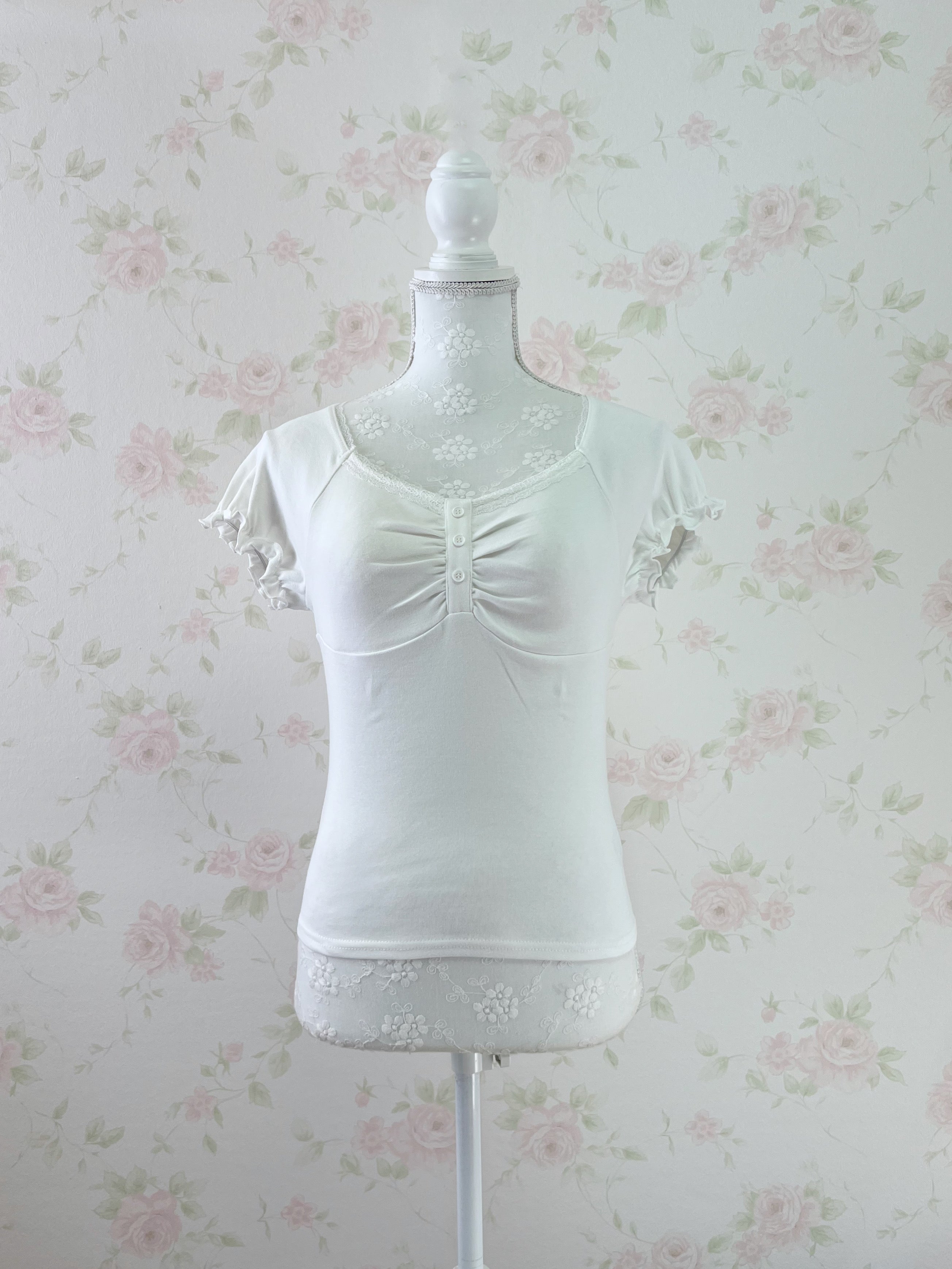 Lace Choker Girly Cotton T-Shirt  (White)