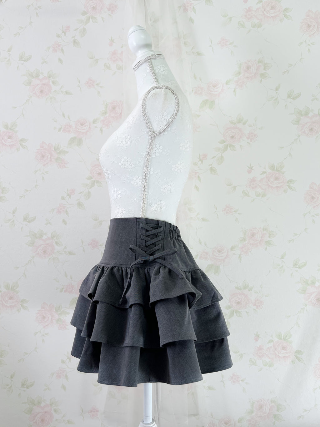High Waist Tiered  Side Bow Skirt (Gray)