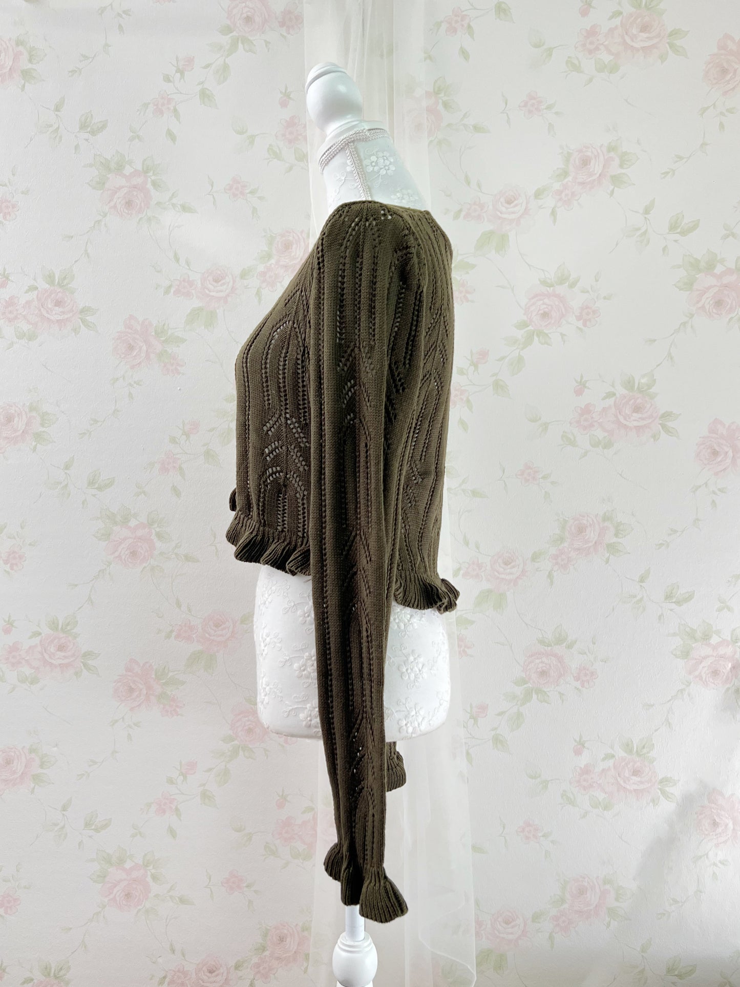 Y2K Double String Ruffled Hem Cardigan (Khaki)