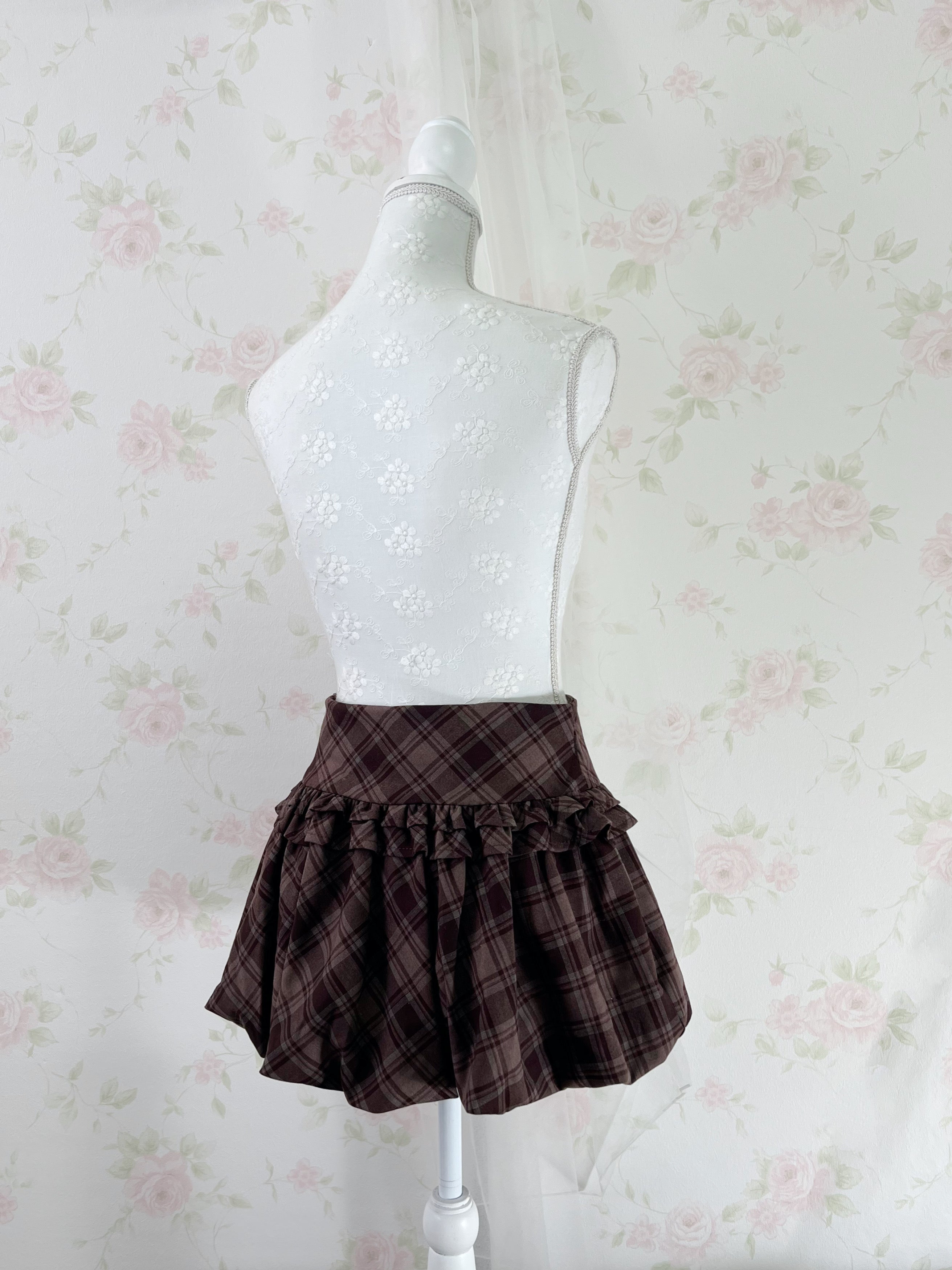 Balloon Gathered Checked Skirt (Brown)