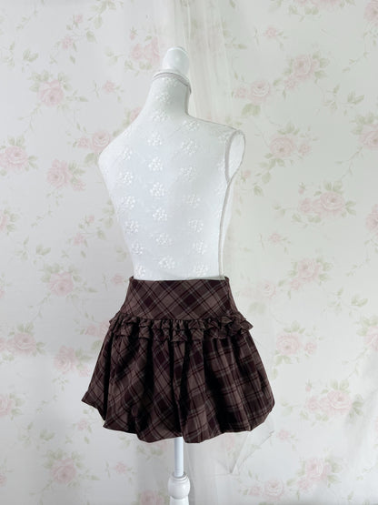 GRL Balloon Gathered Checked Skirt (Brown)