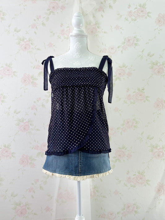 iiMK Polka Dot Shoulder Bow Babydoll Top (Purple Navy)