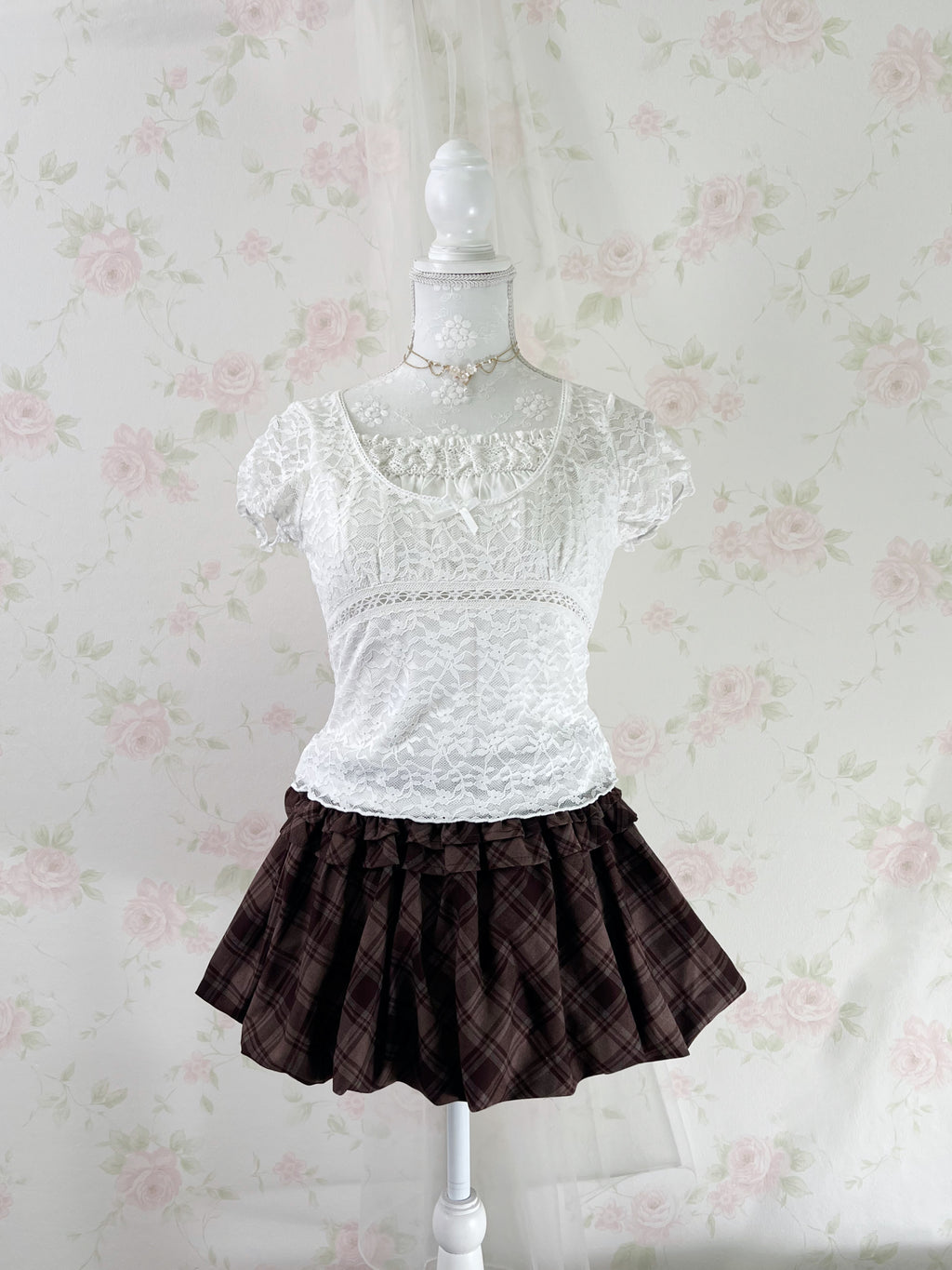 Balloon Gathered Checked Skirt (Brown)