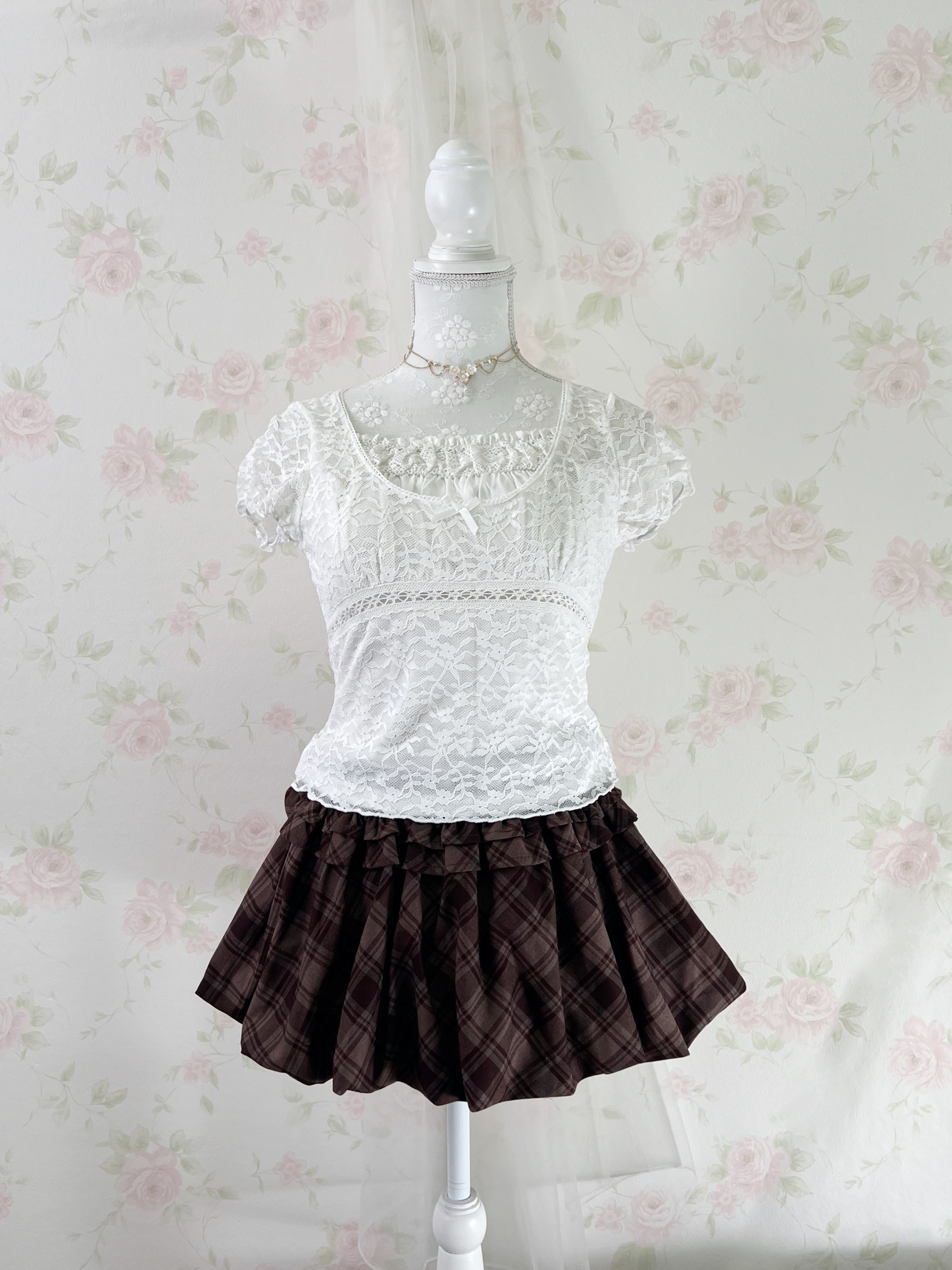Balloon Gathered Checked Skirt (Brown)