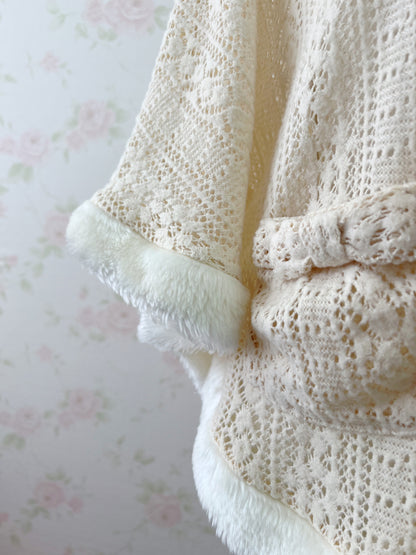 Ribbon Pocket Pom Pom Poncho (Beige)