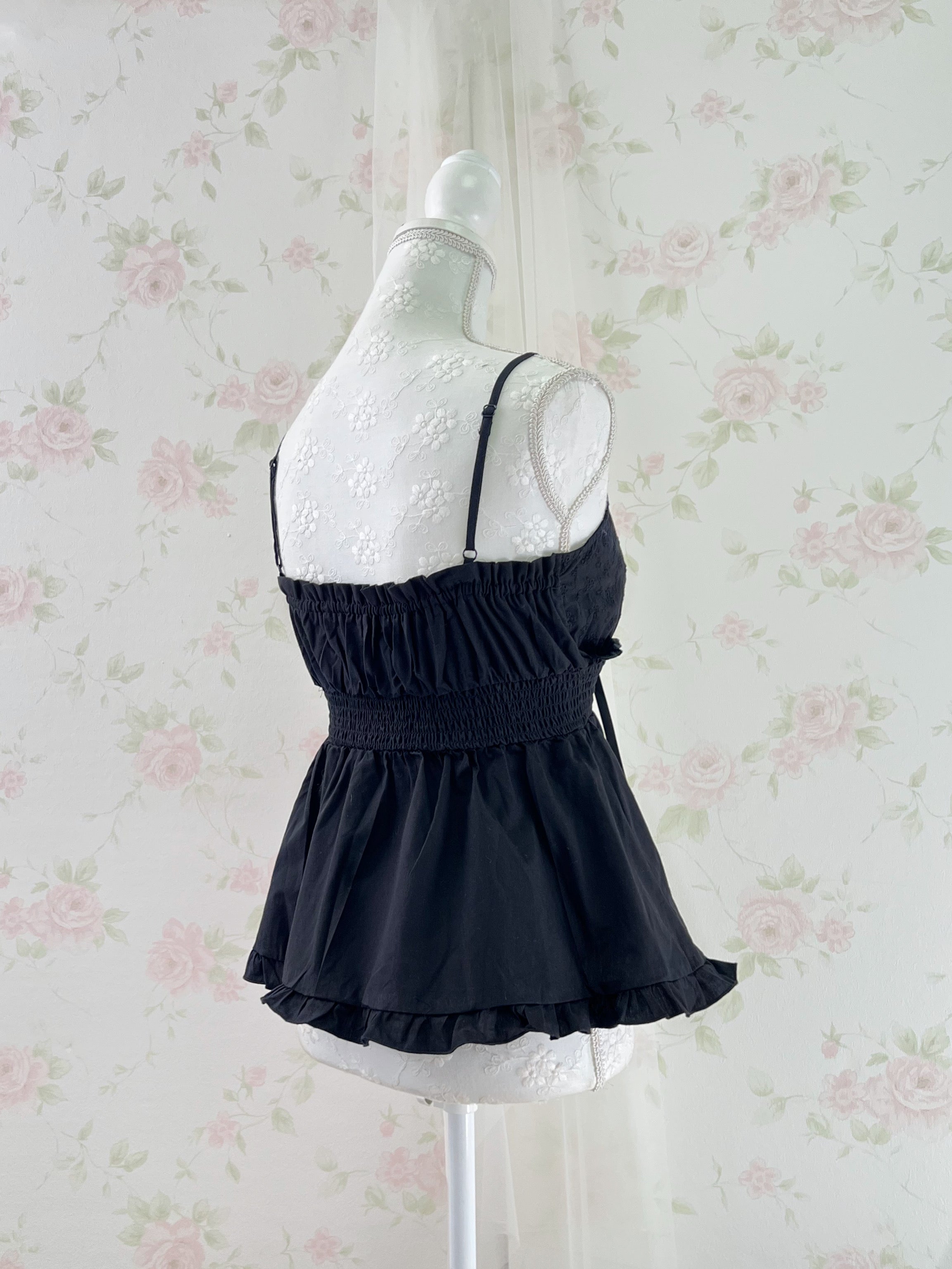 Cotton Floral Embroidery Camisole (Black)