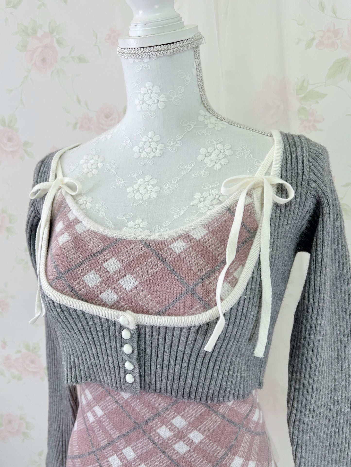 apres jour Short Knit Top & Camisole Set (Gray Pink)