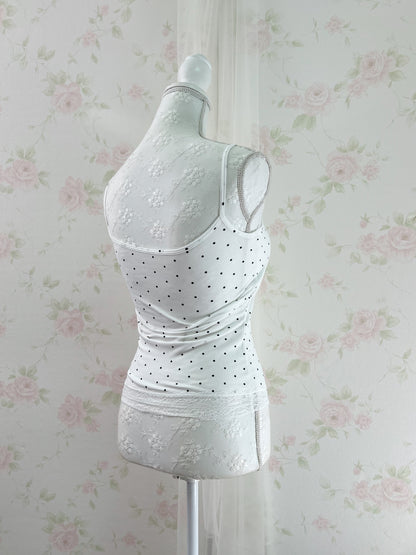 Polka Dot Lacy Hem Camisole With Cups (White)