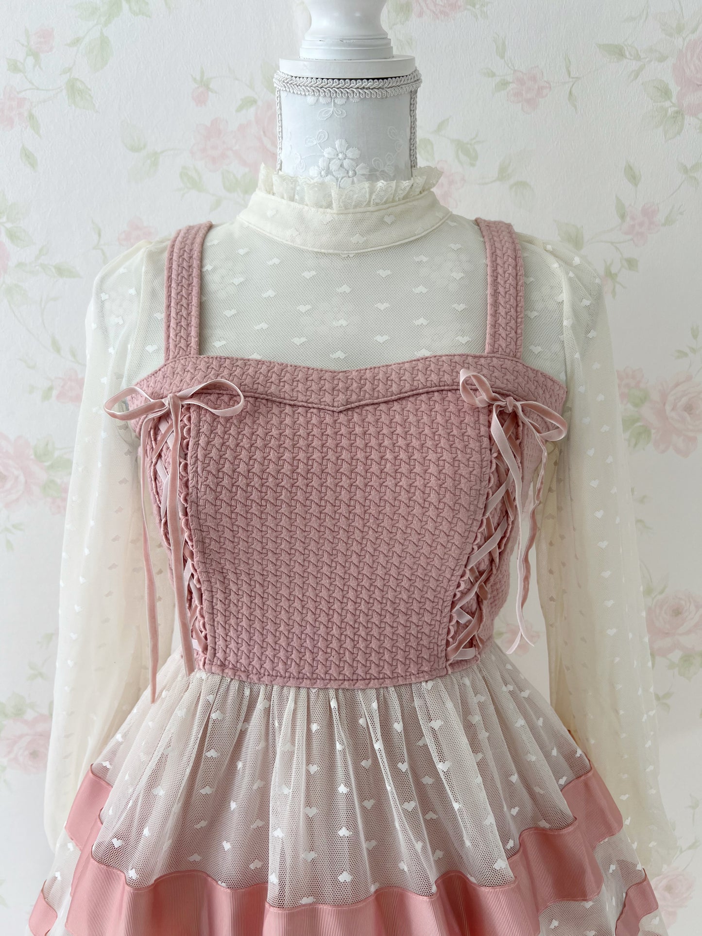 (9% OFF) LIZ LISA Heart Tulle Laced Up Tunic Top (Pink)