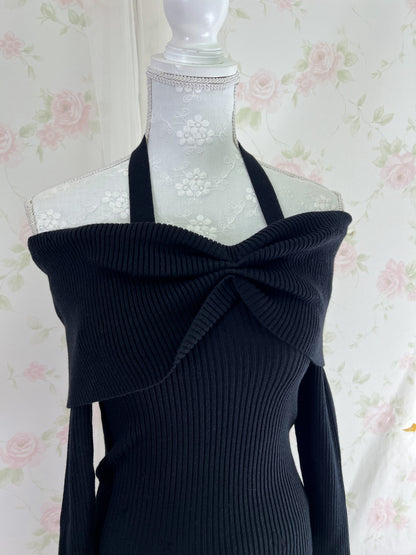 GRL Ribbon Front Halter Neck Knit Top  (Black)