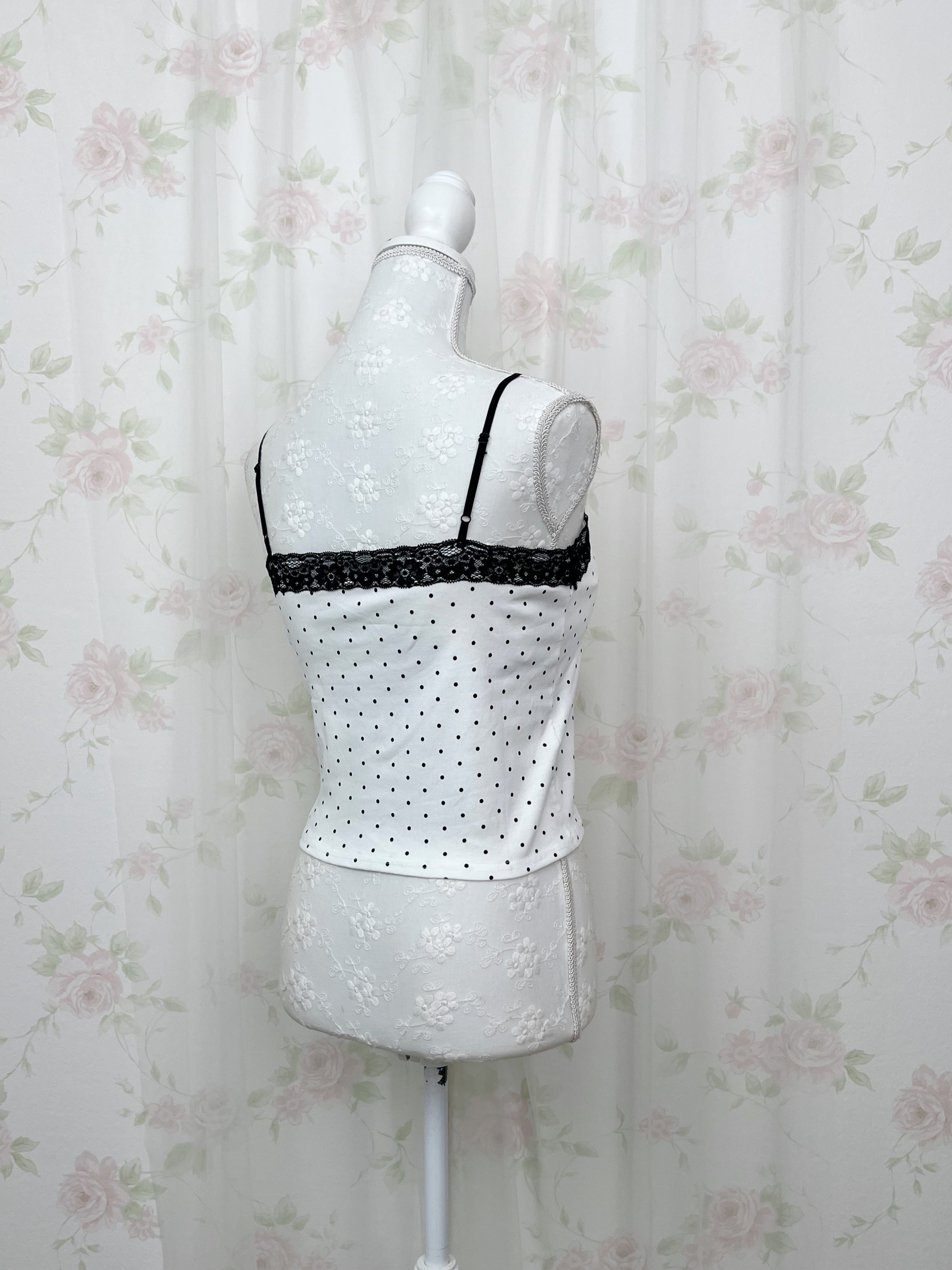Polka Dot Cotton Front Ribbon Camisole (White)