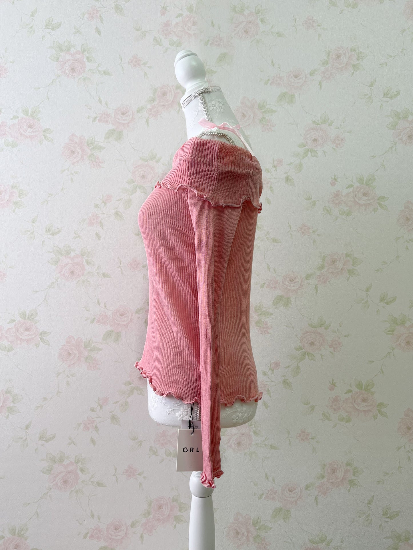 GRL Off Shoulder String Knit Top (Juicy Peach Pink)