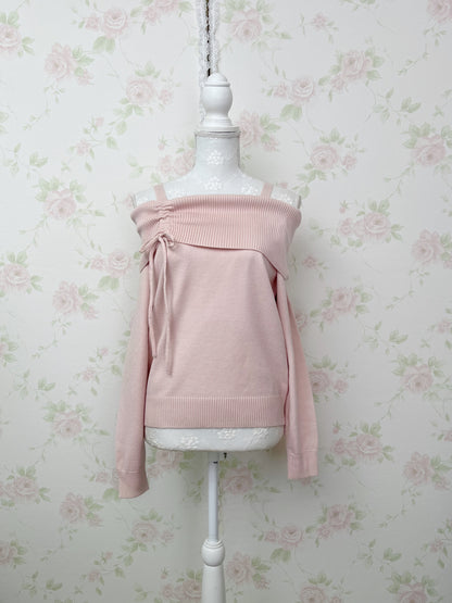Side String Off Shoulder Shoujo Knit Top (Pink)