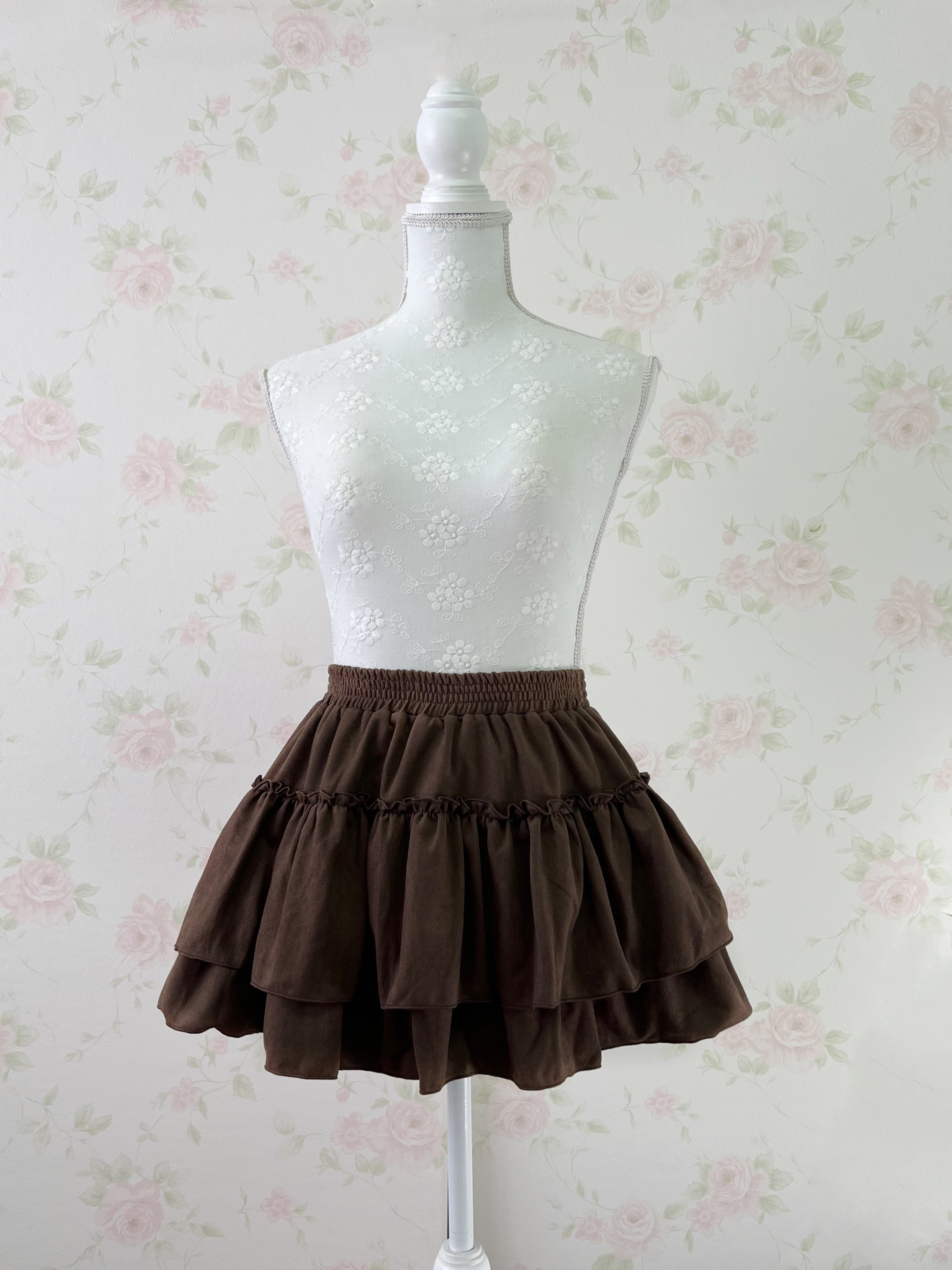 Suede Tiered Skirt (Brown)
