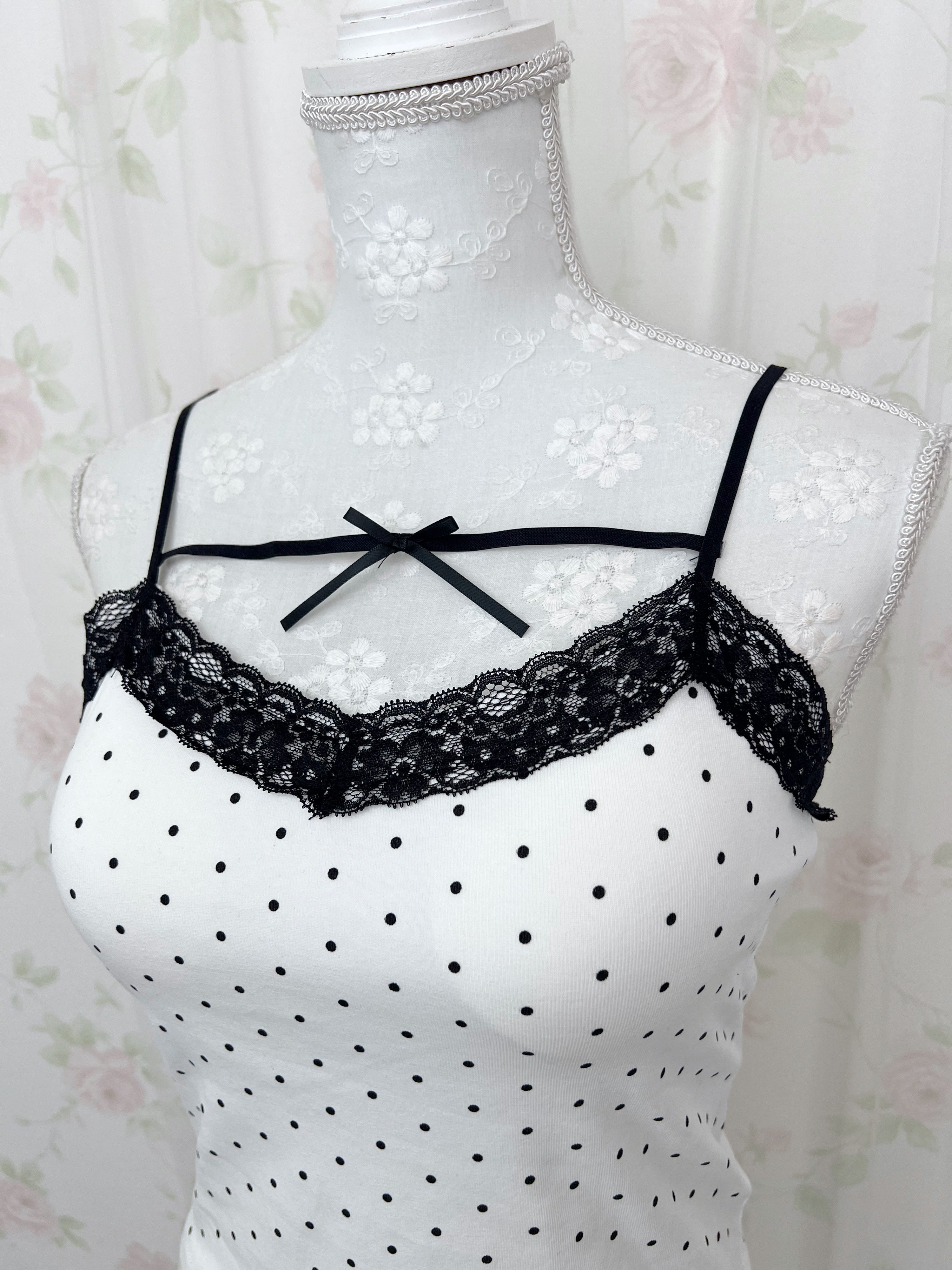 Polka Dot Cotton Front Ribbon Camisole (White)
