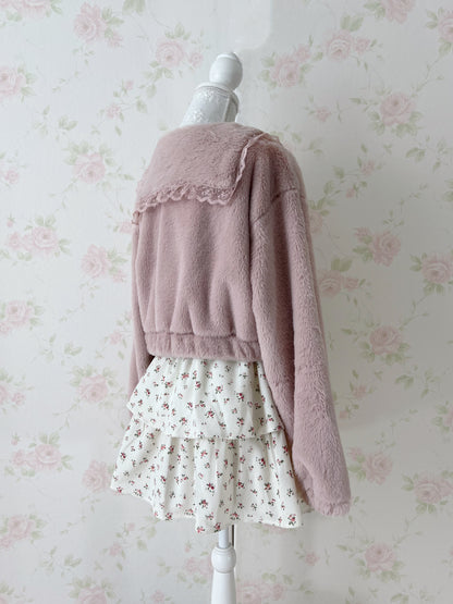 majoretty Lacy Sailor Collar Eco Fur Jacket (Pink)