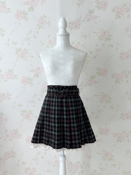 Secret Honey Heart Belt Checked Pleated Skirt (Green)