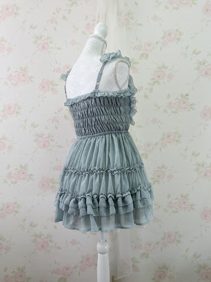 GRL Frilled Strap Tiered Dress (Grayish Blue Green)