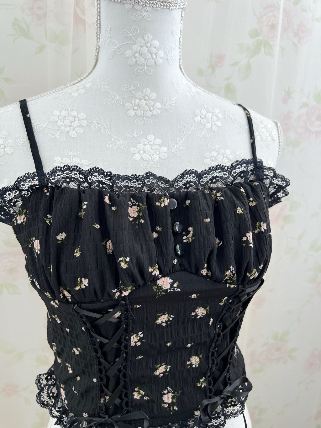 Petite Floral Laced Up Camisole (Black)