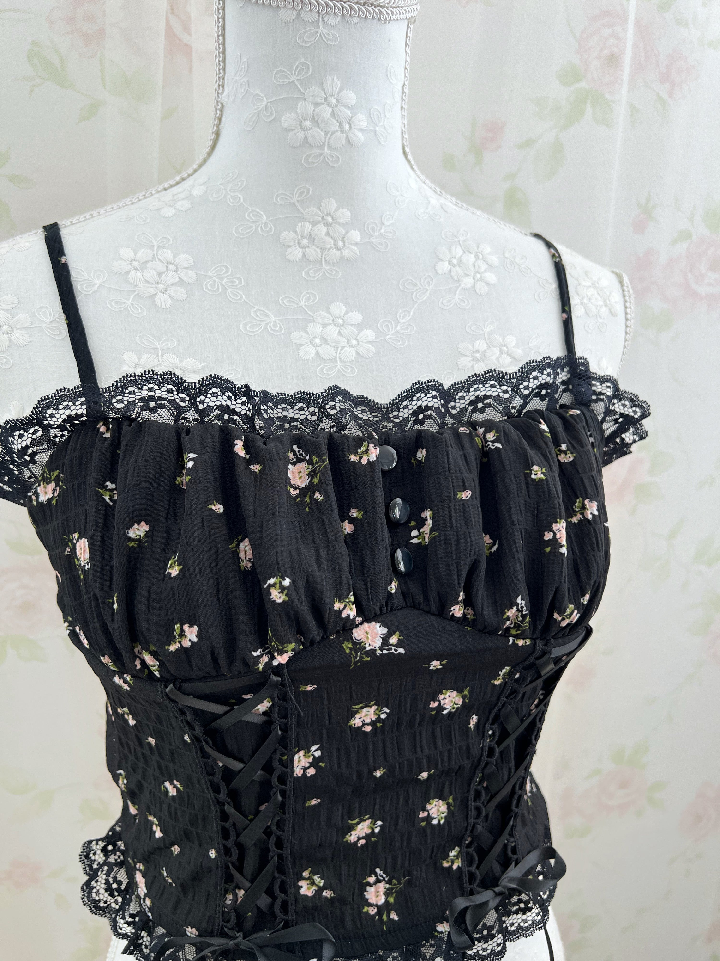 Petite Floral Laced Up Camisole (Black)