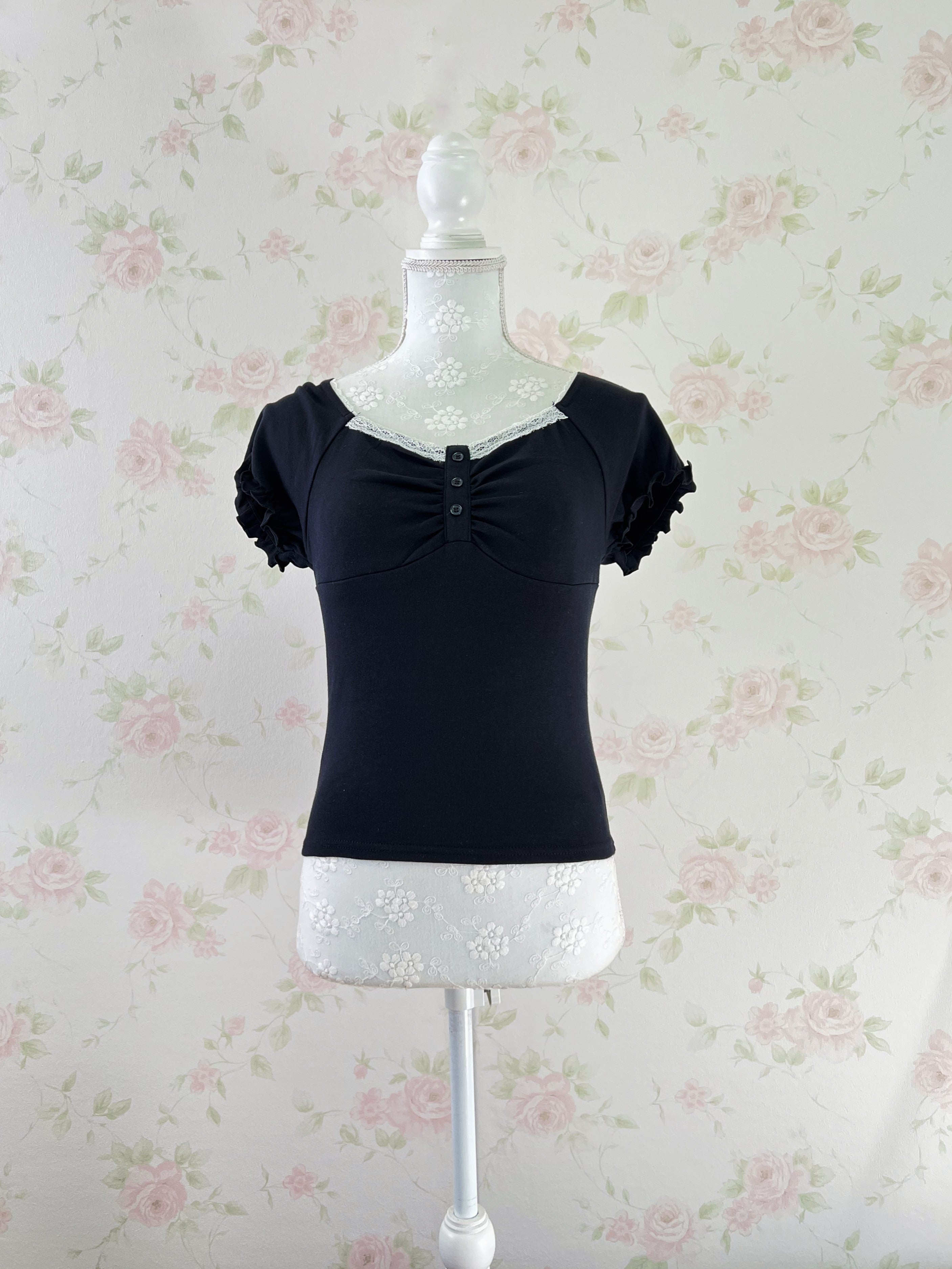 Lace Choker Girly Cotton T-Shirt  (Black)