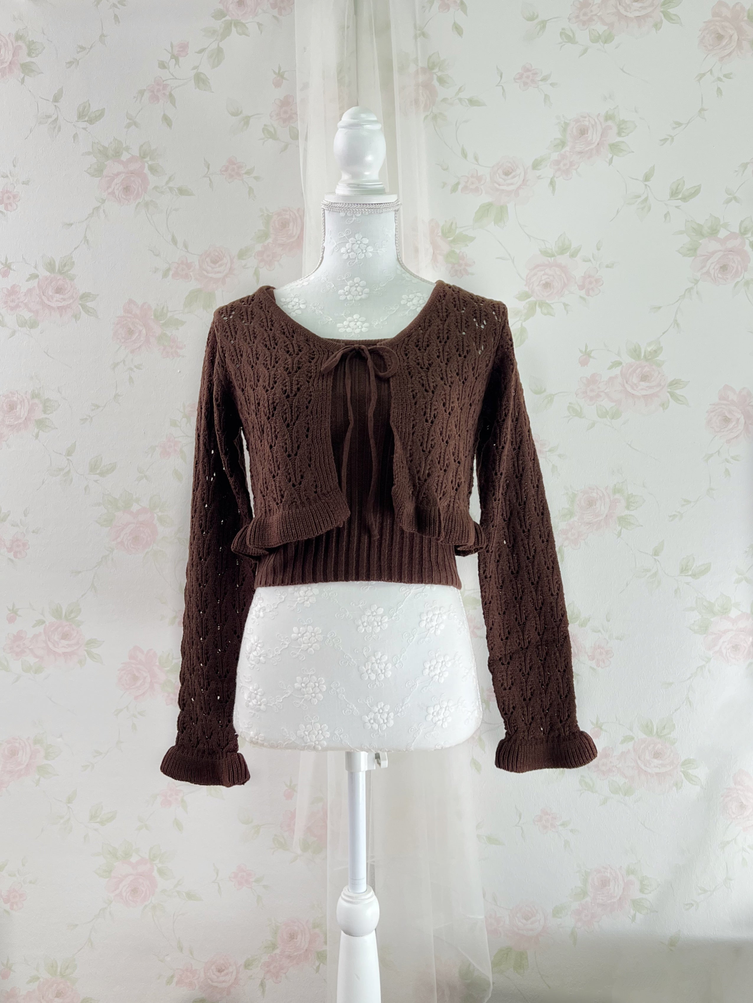 Ruffled Hem Knitted Camisole Cardigan Set (Chocolate)