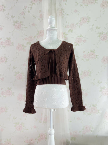 GRL Ruffled Hem Knitted Camisole Cardigan Set (Chocolate)