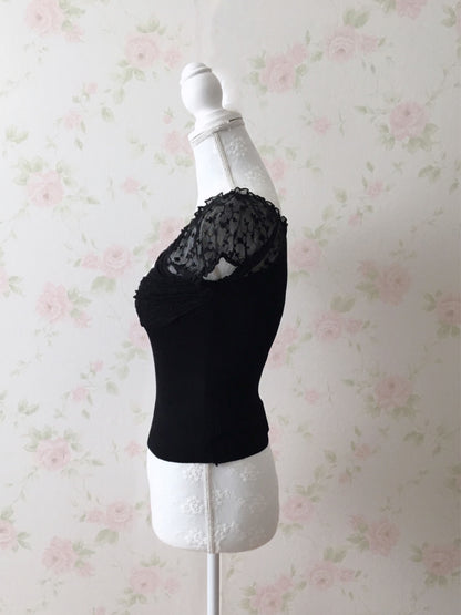 (10% OFF) GRL Floral Tulle  Sleeved Pearl Button 2 Way Top (Black)
