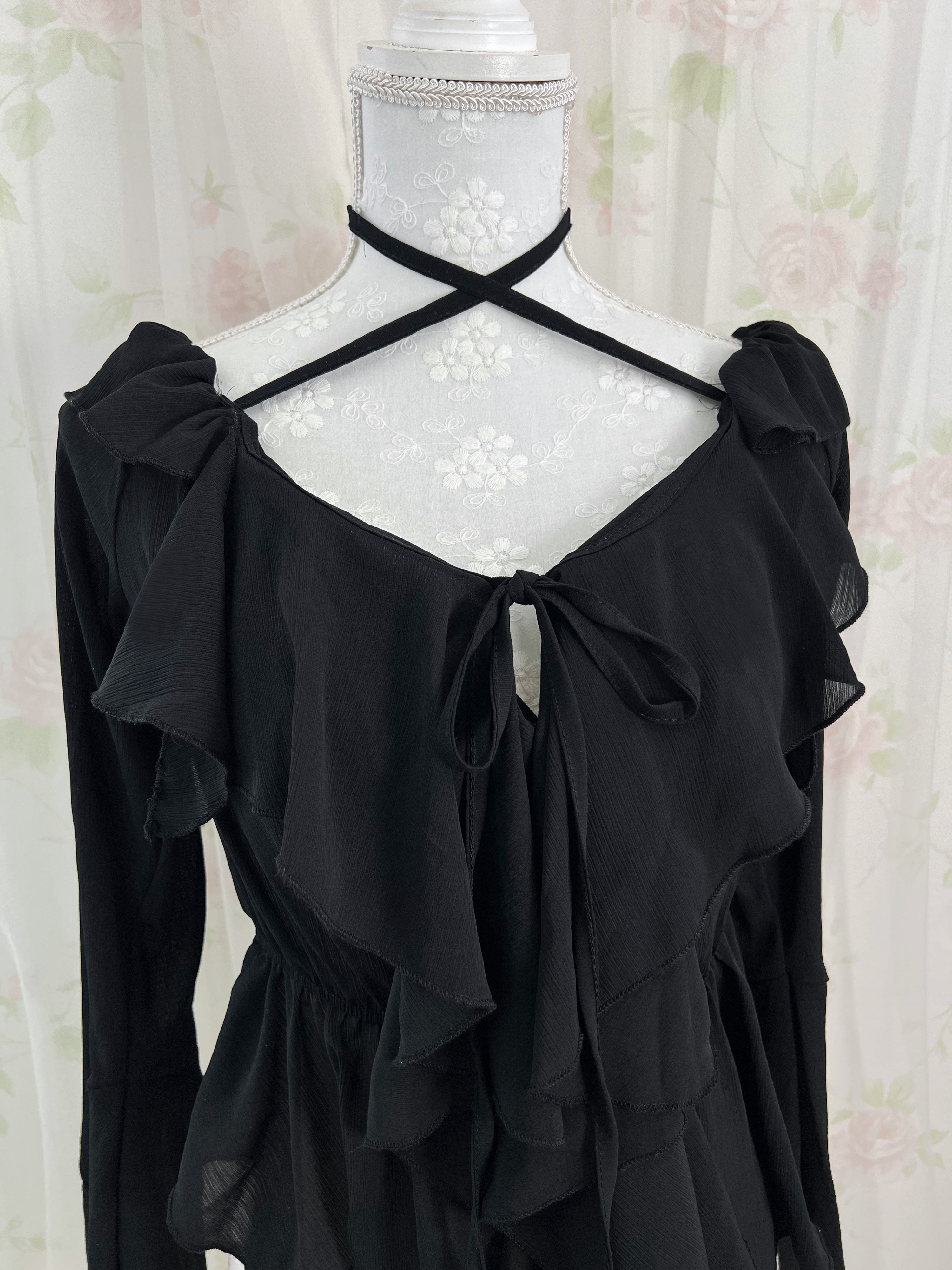 Crossed Neck Chiffon Top (Black)
