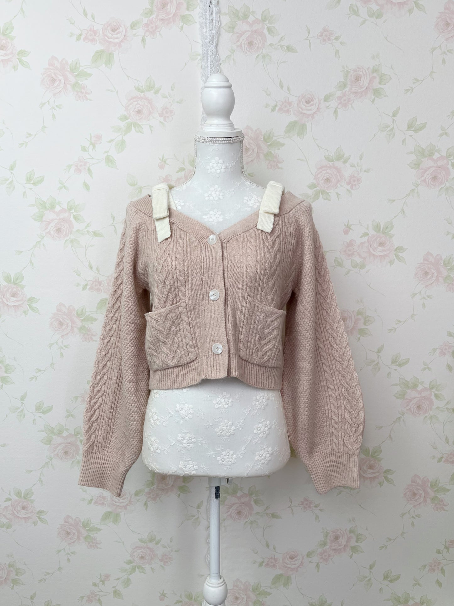 Ribbon 2 Way Shoulder Cardigan (Pink)
