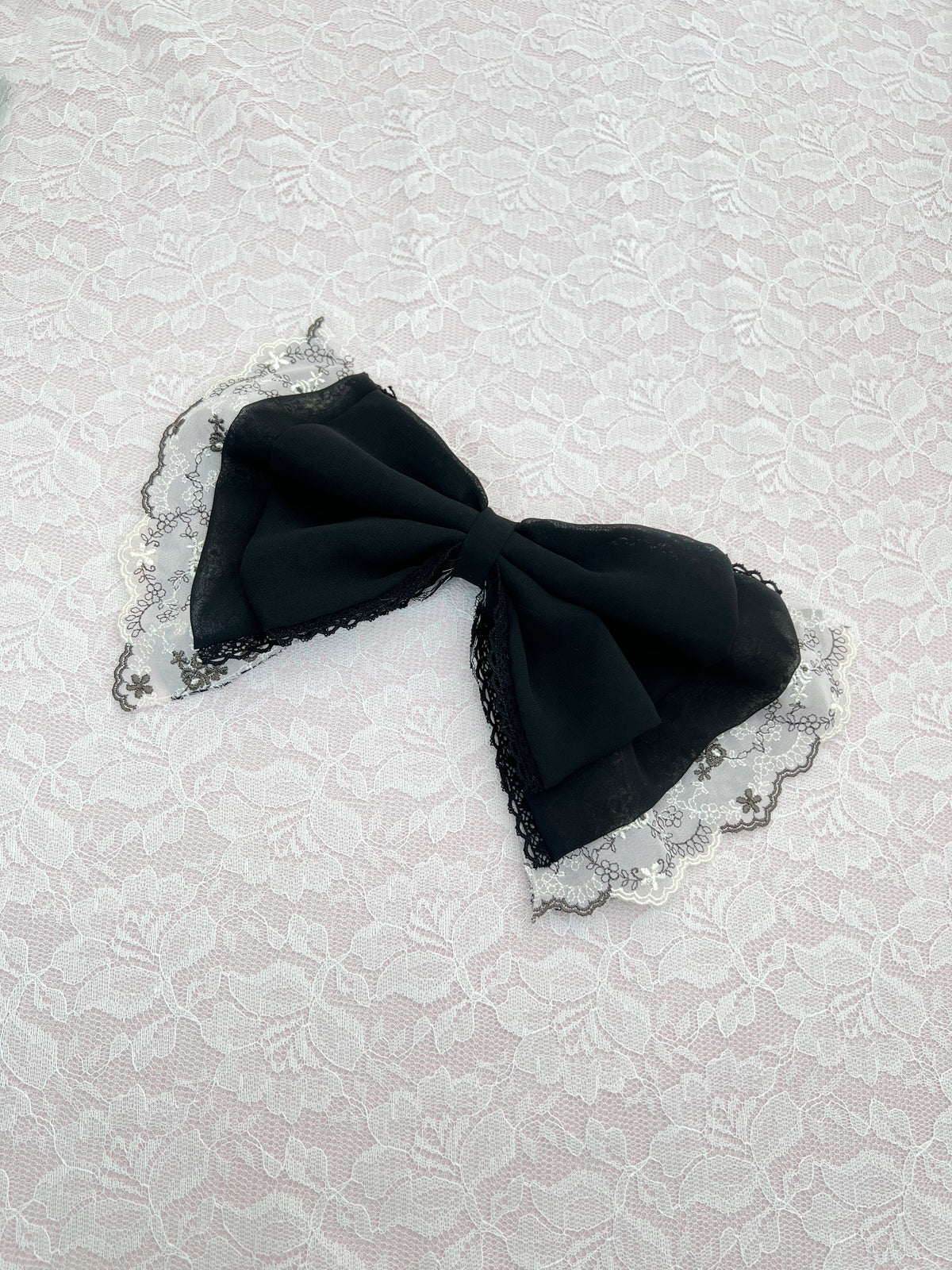 Kirallum Tokyo Handmade Chiffon Floral Embroidery Lace Big Bow (Black)